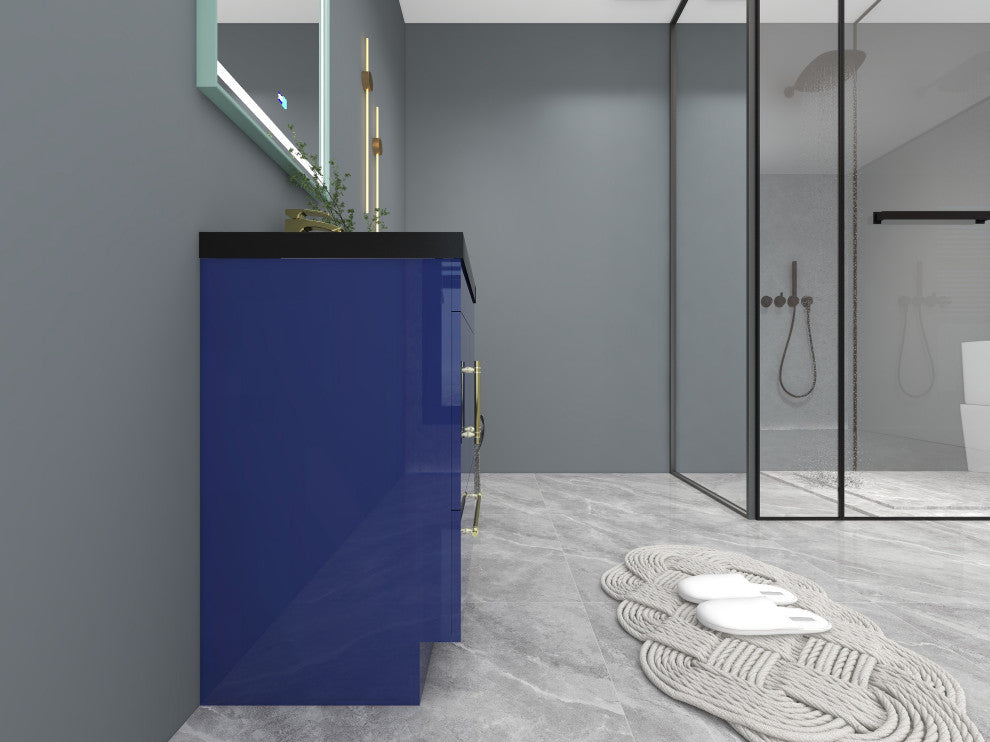 Rosa 24" Free Standing Modern Vanity, High Gloss Night Blue, Matt Black Top