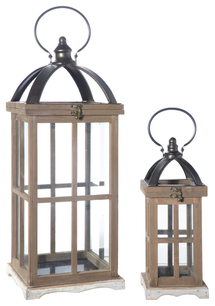 Rectangle Wood Lantern with Metal Fliptop and Handle, Natural Brown Finish