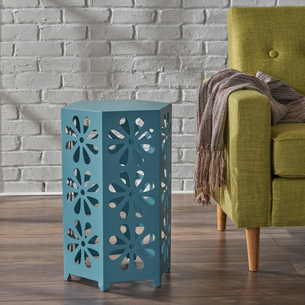 GDF Studio Girra Indoor 14" Iron Floral Side Table, Matte Blue