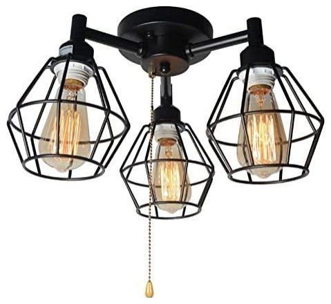 3 Light Industrial Pull Chain Ceiling Light Fixture, Black Cage Flush Mount