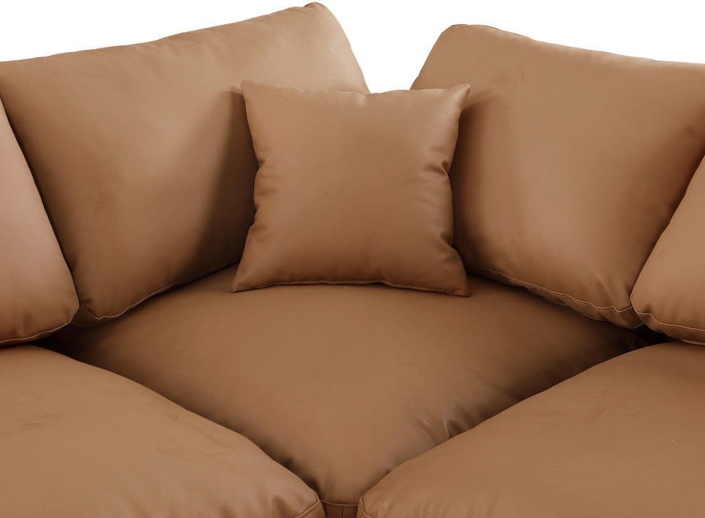 Comfy Upholstered L-Shaped Modular Sectional, Cognac, 7-Piece: 4 Armless Chair, 1 Corner Chair, 2 Ottoman, Vegan Leather