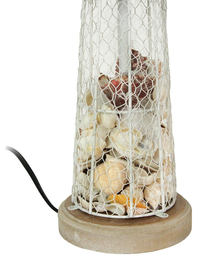 White and Grey Metal Mesh Seashell Filled Lighthouse Table Lamp with Cone Shade