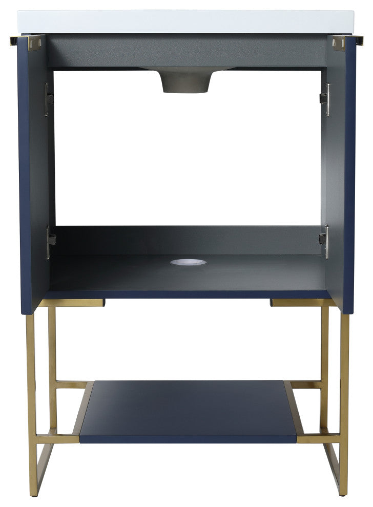 Plywood Freestanding Bathroom Vanity Set with White Ceramic Sink , Navy Blue, 24