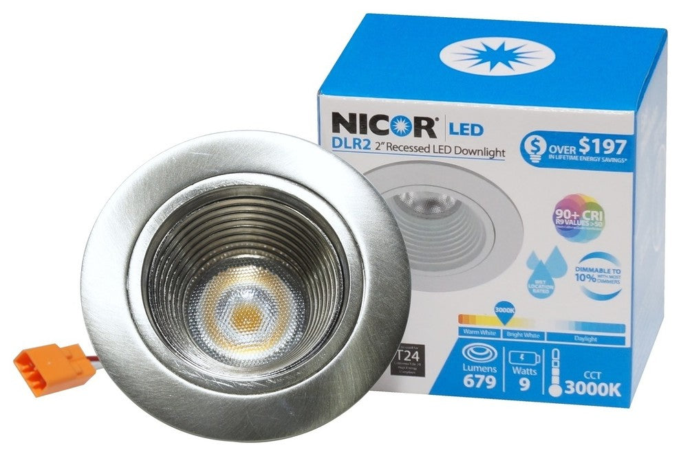 NICOR DLR2-10-120-3K-NK-BF 2" LED Downlight With Baffle Trim, Nickel, 3000K