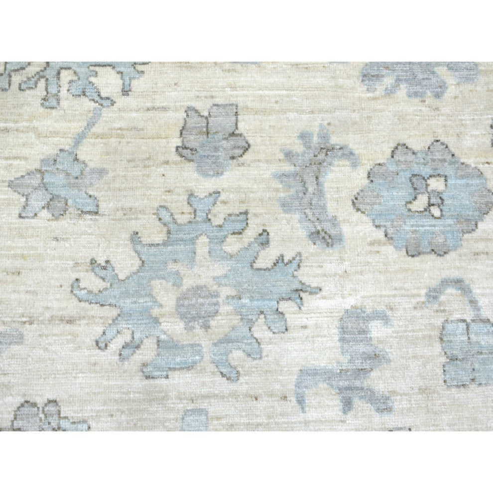 Ivory Hand Knotted Afghan Angora Oushak With Leaf Design Soft Wool Rug, 8'x9'9"
