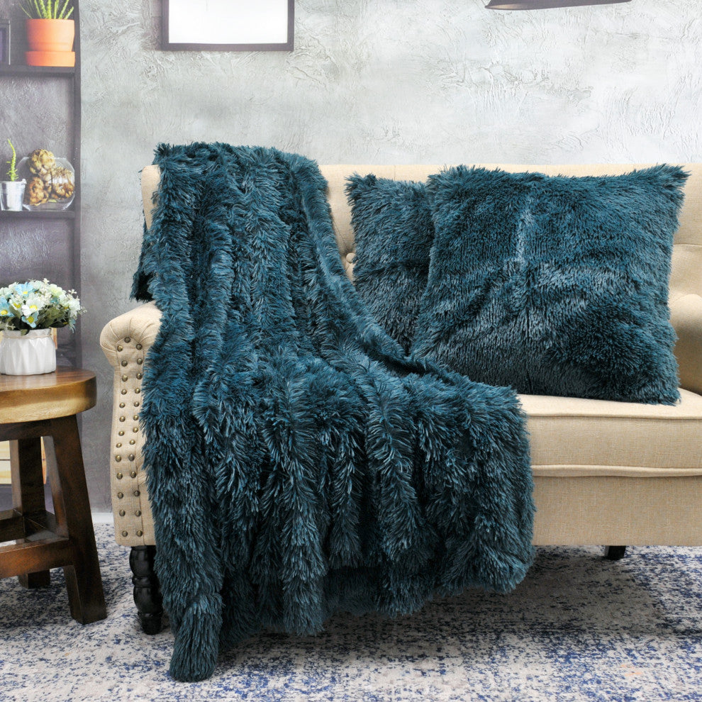 Shaggy Throw Blanket and 2 Pillow Shell 3 Piece Set, Teal, Throw 60"x80" and 2 Pillow Shells 20"x20"