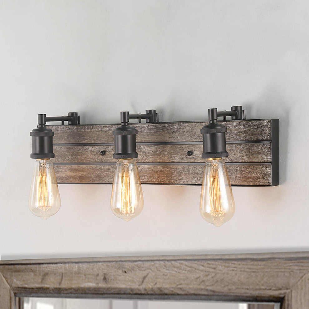 LNC 3-Light Industrial Farmhouse Wall Light, Exposed Bulbs, Wood Backplate