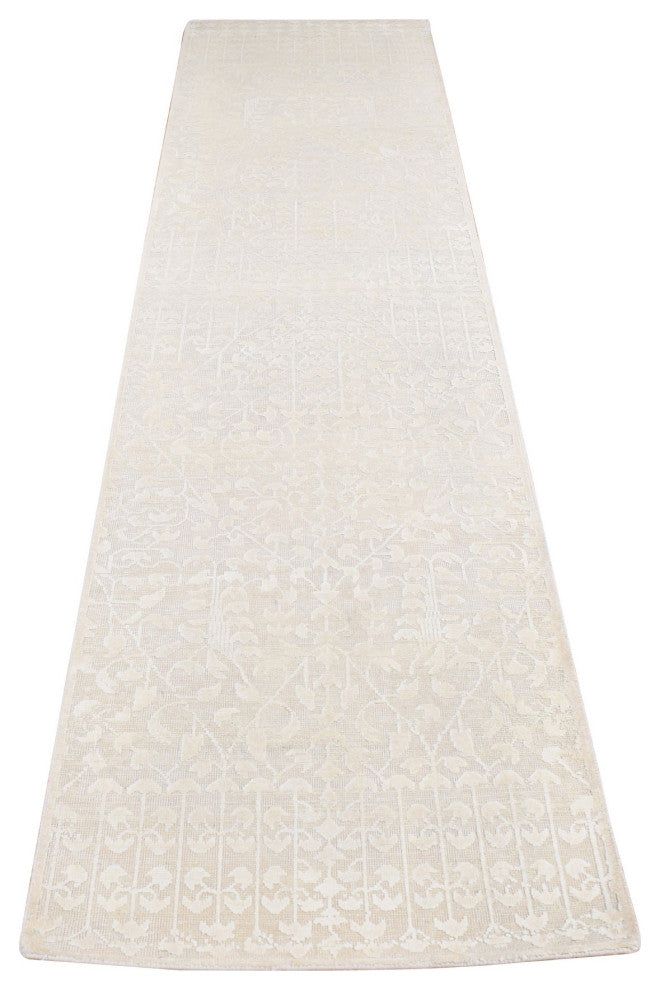 Ivory, Hand Knotted, Tone on Tone, Pure Silk With Wool, Runner Rug, 2'6"x11'8"