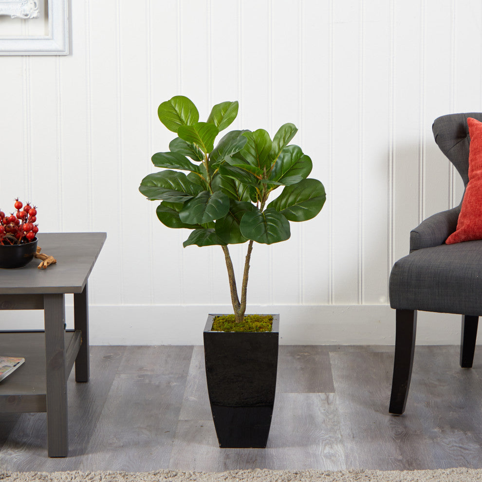 3' Fiddle Leaf Fig Artificial Tree, Black Metal Planter