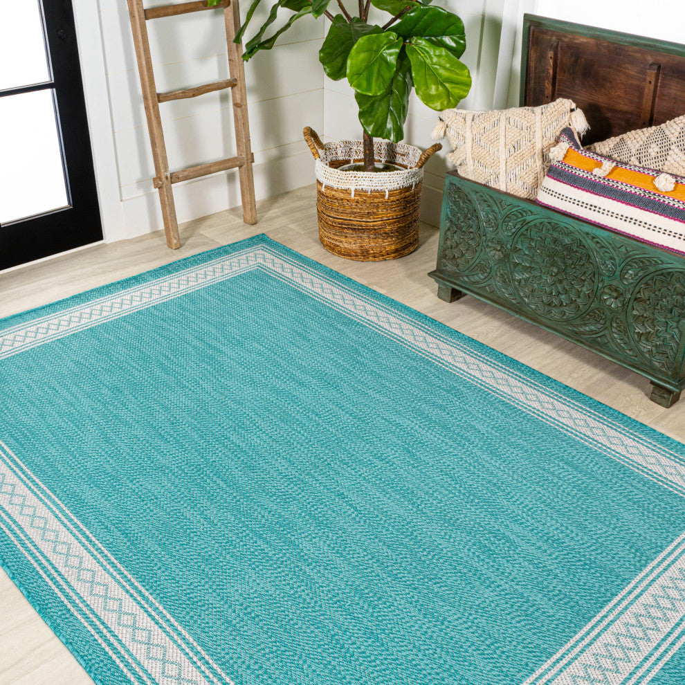 Lucia Classic Diamond Border Indoor/Outdoor Area Rug, Aqua/Light Gray, 8x10