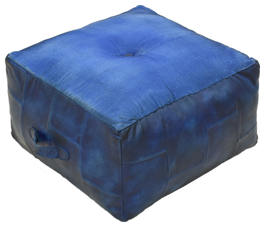 Geometric Handmade Leather Pouf (Recycled Foam with Fibre Fill) Black, [Square]21x21x12