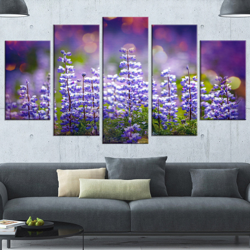 Blue Lupin Flowers on Blue Background, Flower Canvas Print, 60"x32", 5 Panels