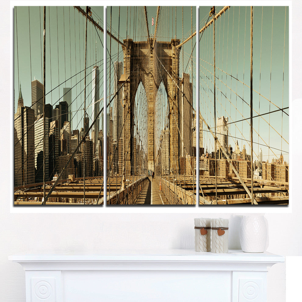 "Manhattan Bridge in New York Brown" Metal Wall Art, 3 Panels, 36"x28"