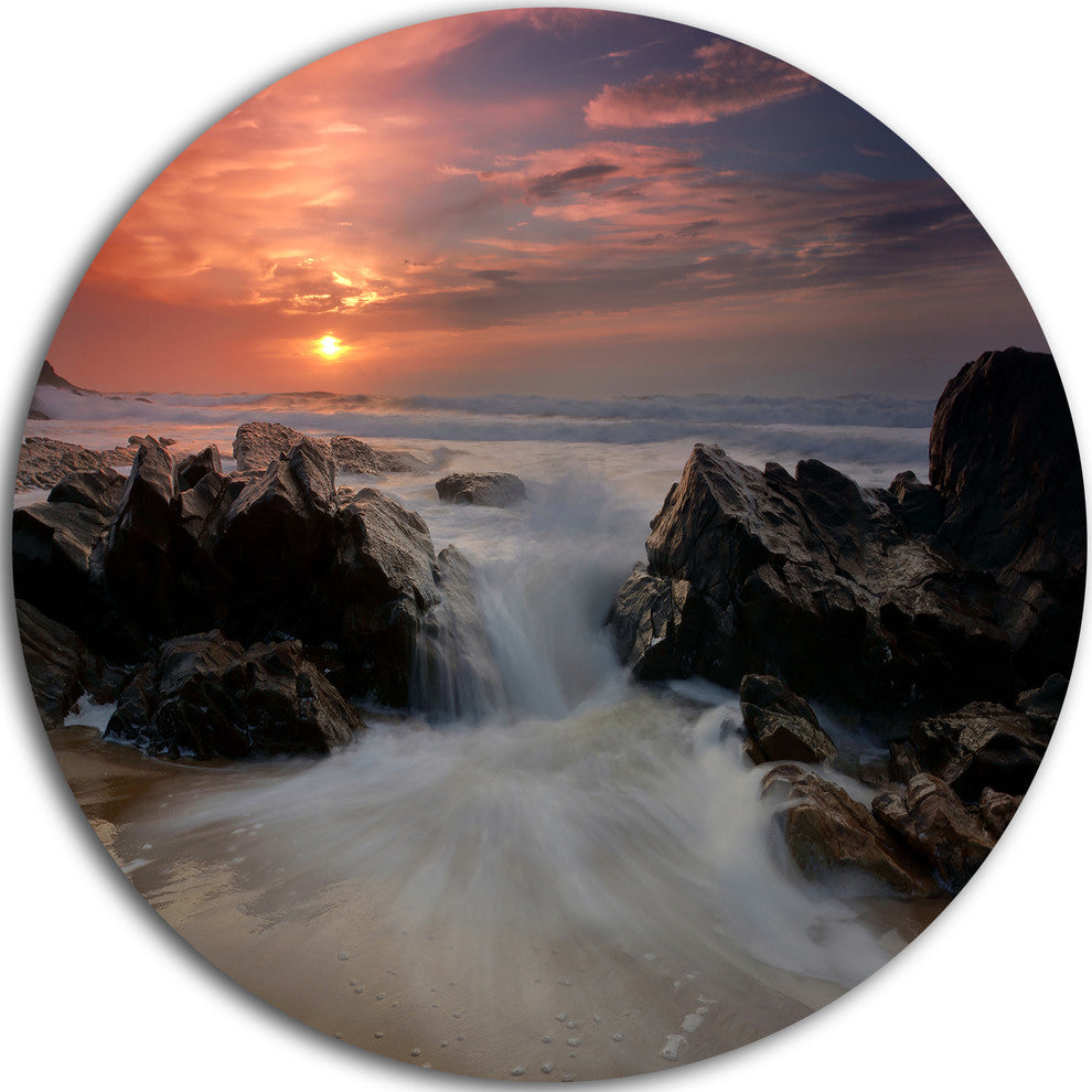 White Waves Rushing Between Rocks, Seascape Disc Metal Wall Art, 36"