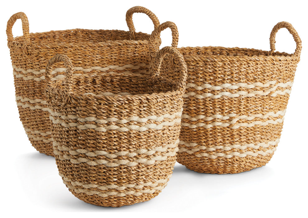 Seagrass & Jute Round Baskets With Handles, Set of 3