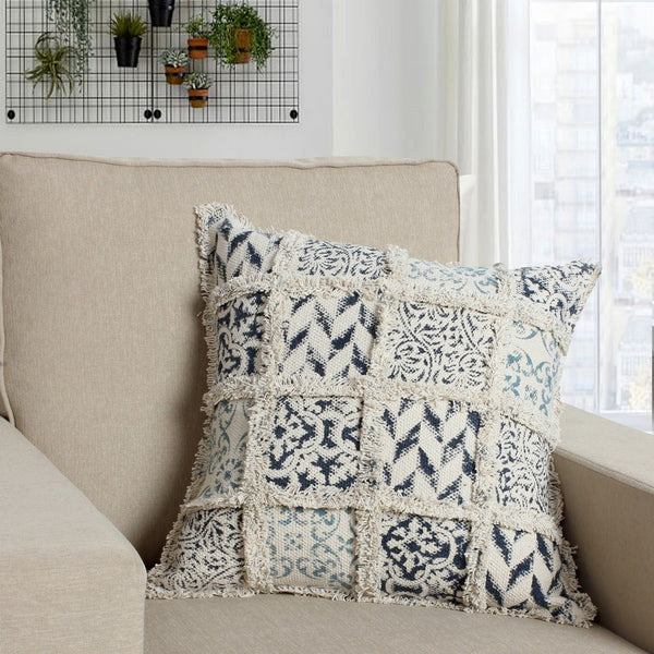 Benzara BM200569 18 x 18 Hand Block Printed Cotton Pillow , Beige and Blue