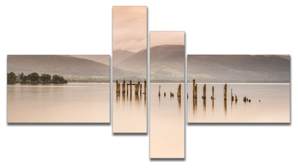 Loch Lomond Jetty and Mountains, Large Landscape Canvas Art, 60"x32", 4 panels