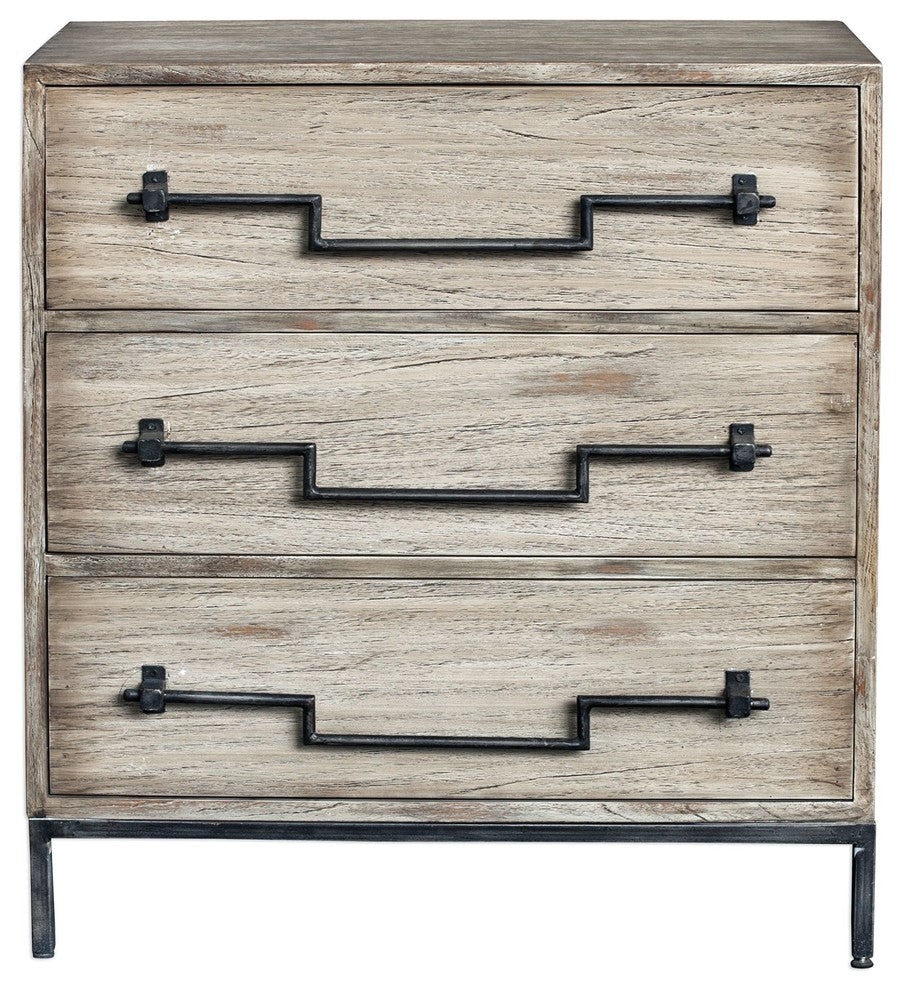 Distressed Cream Ivory Retro Accent Chest Mid Century Modern Geometric