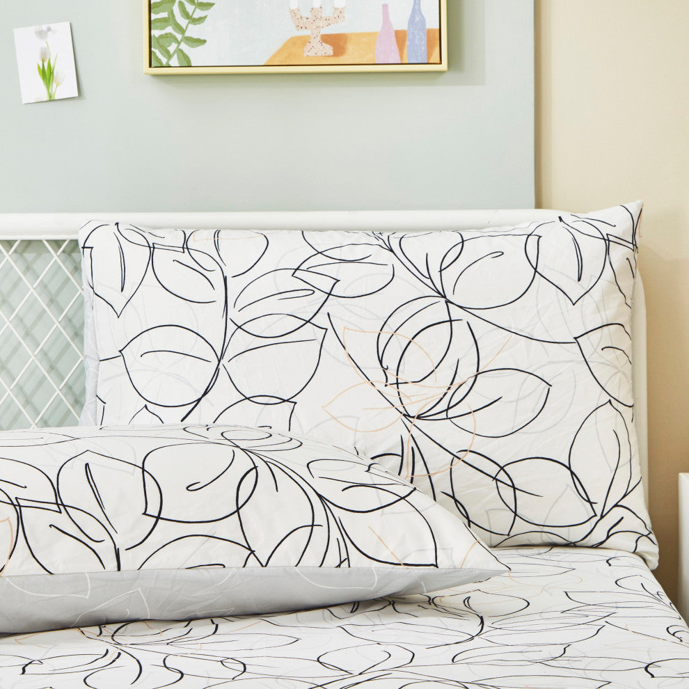 Tache Modern Leaf Foliage Abstract White Grey Black Bottom Fitted Sheet, Cal Kin