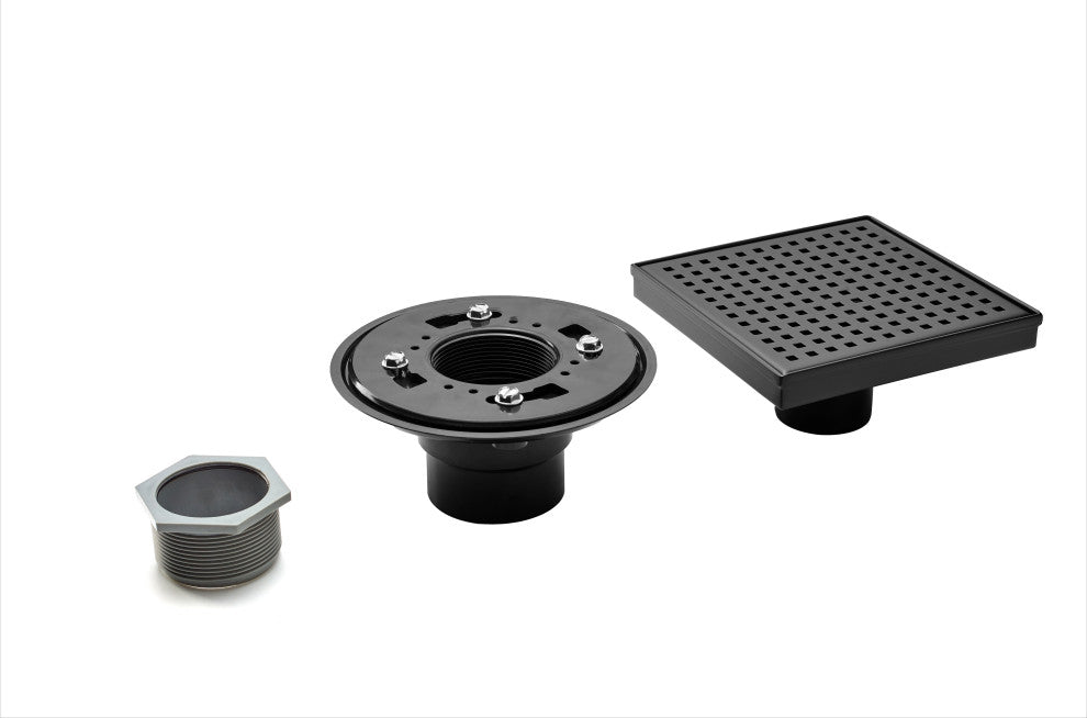 HEATGENE Square Shower Drain With Flat Cover and Base Flange, Matt Black, 4"