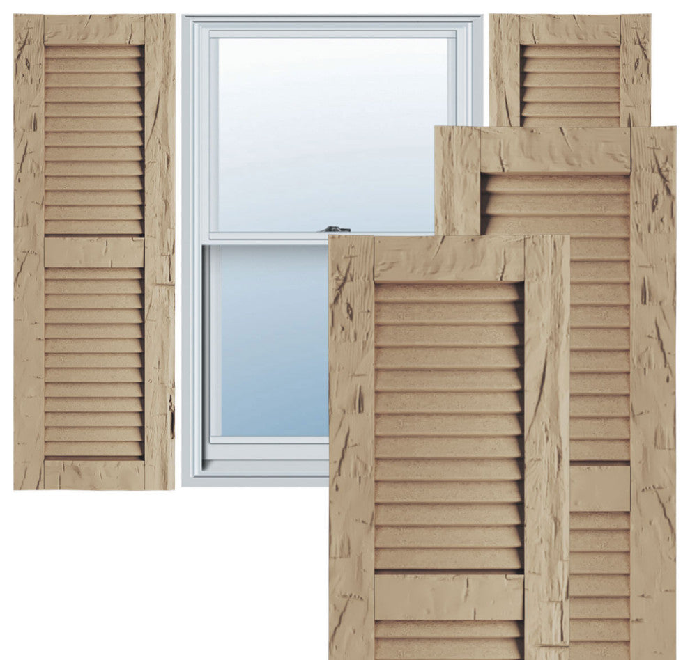 Rustic 2 Equal Louver Faux Wood Shutters, Per Pair, Hand Hewn, 15x66"