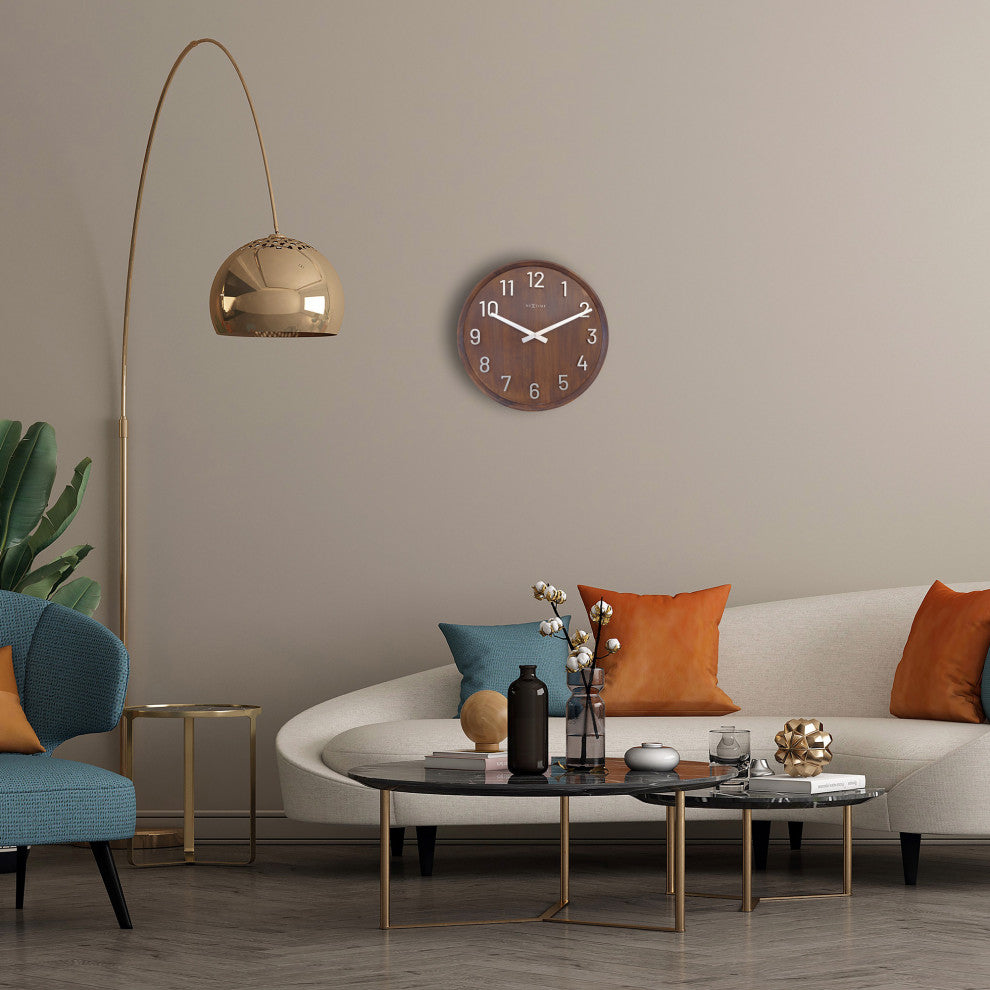 Precious 20" Wooden Wall Clock With Raised Metal Numbers, Brown