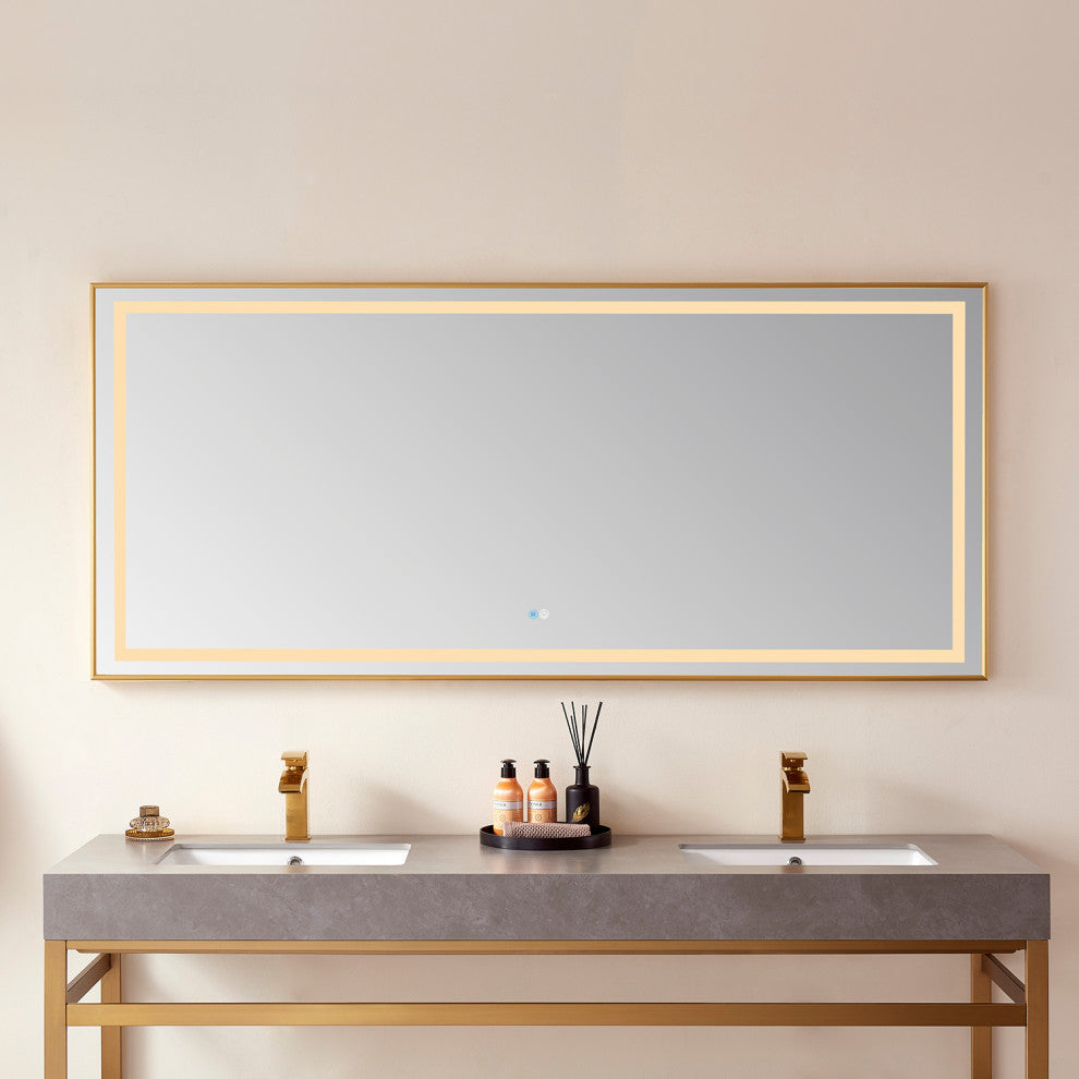 Horizontal Rectangular LED Wall Mount Bathroom Mirror, Gold, 72"