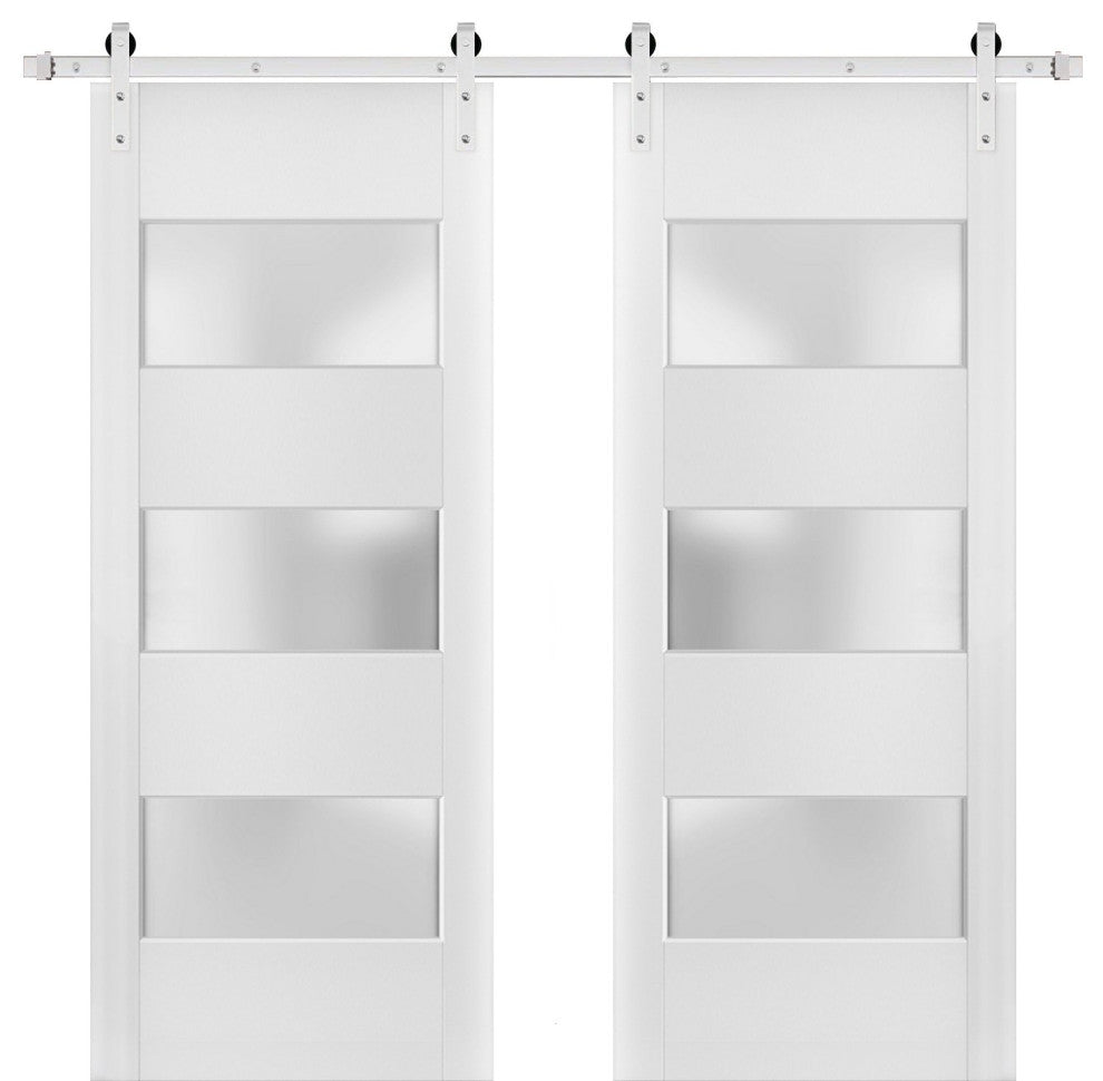 Double Barn Door 64 x 96 Frosted Glass, Lucia 4070 White Silk, Silver 13FT Rod