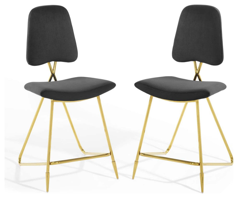 Counter Stool Chair, Set of 2, Velvet, Metal, Black, Modern, Bar Pub Cafe Bistro