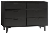 Mid Century Modern Double Dresser, 6 Drawers & Cut Out Grooved Handles, Black