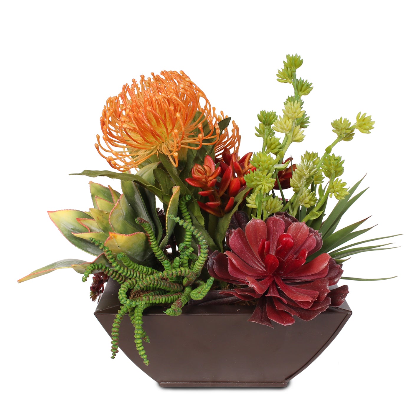 Contemporary Tropical Artificial Succulent Arrangement in a Metal Container
