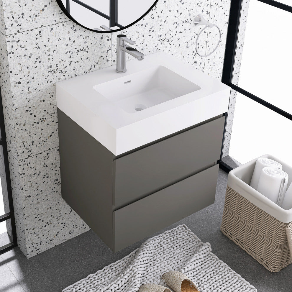 Wood Wall-Mounted Bathroom Vanity Set with Integrated Resin Sink, Grey, 24"