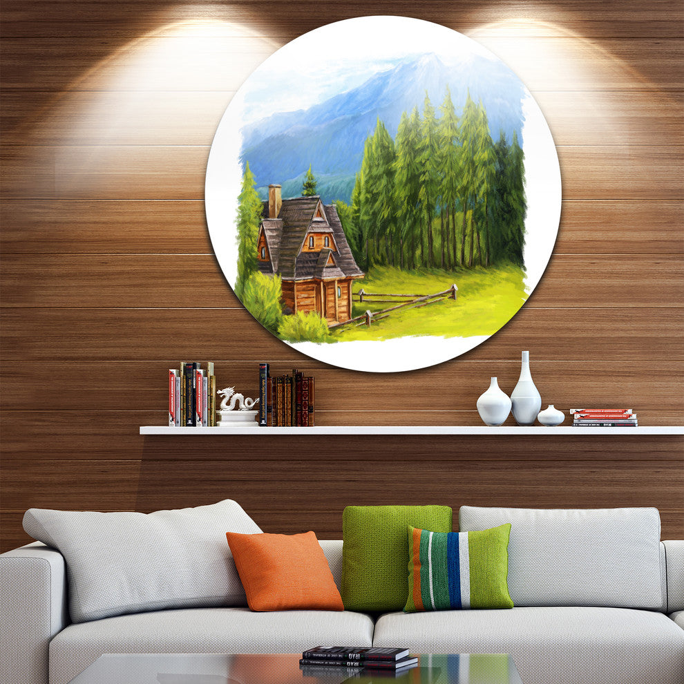Small Wooden Home In Mountains, Landscape Disc Metal Wall Art, 23"