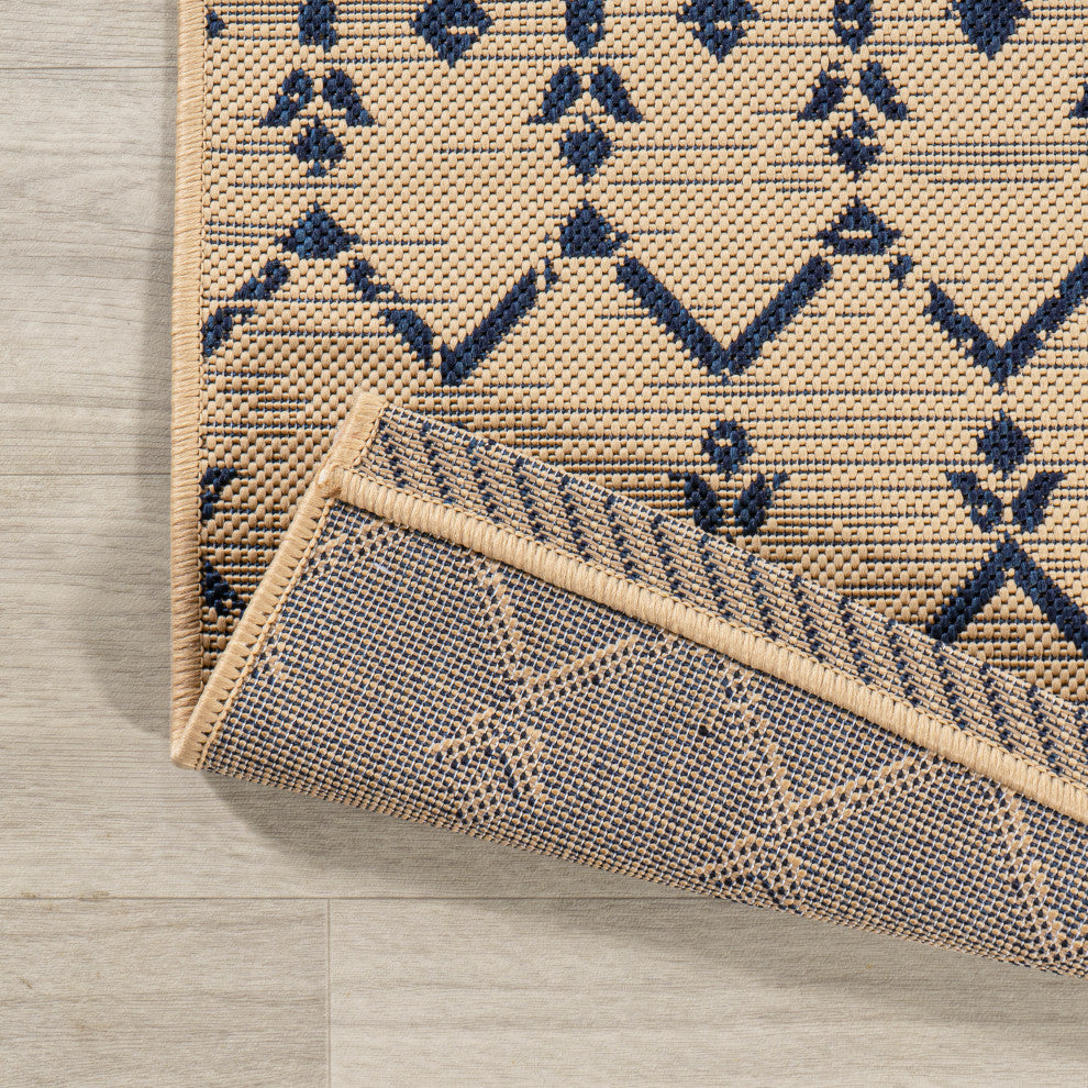 Ourika Moroccan Geometric Indoor/Outdoor Rug, Beige/Navy, 3x5