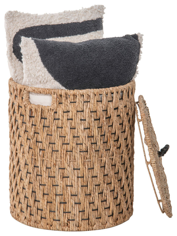 Round Lidded Vertical Weave Seagrass Laundry and Storage Basket With Liner