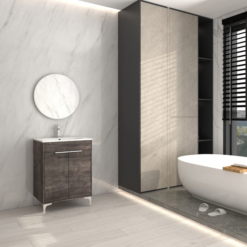 Single Vanity, Gray Oak Finish With Solid Surface Resin White Sink, 24"