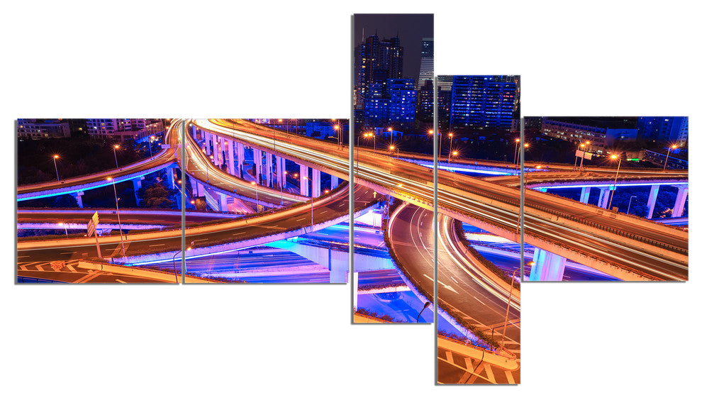 Colorful City Overpass at Night, Cityscape Canvas Art Print, 60"x32", 5 panels