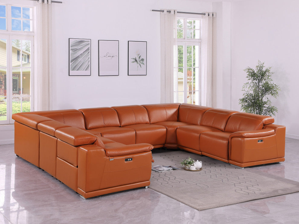 Federico 8-Piece Italian Leather U-NC Sectional, 4 Power Recliners, Camel