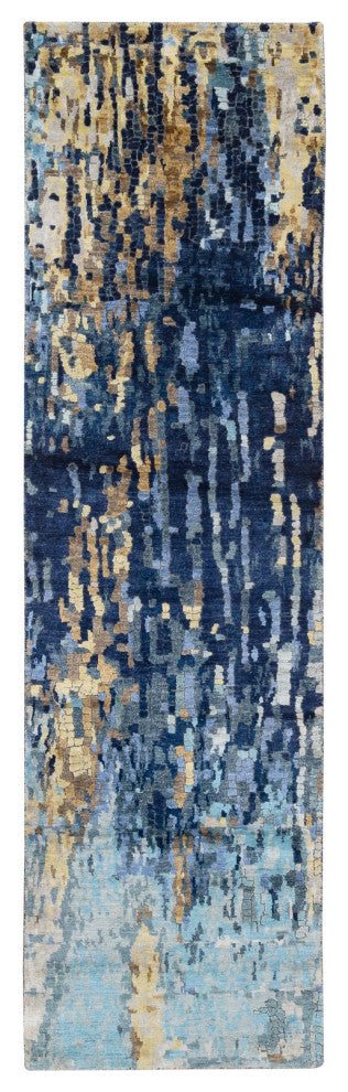 Denim Blue Hand Knotted, Mosaic Design Wool and Silk Runner Rug, 2'8" x 9'9"