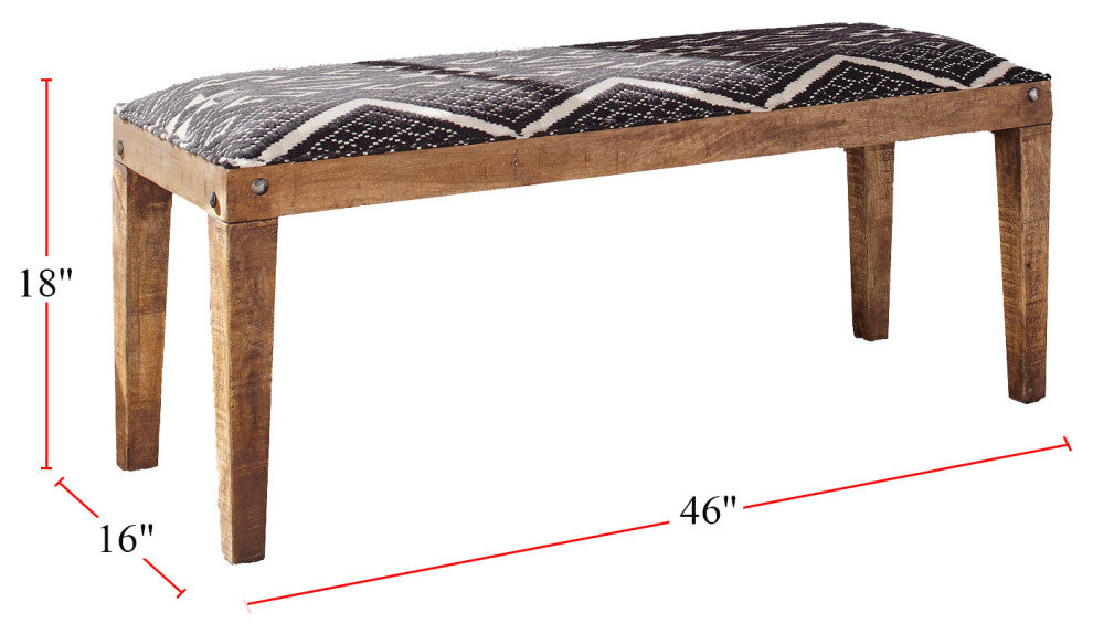 Rectangular Upholstered Bench, Natural and Navy
