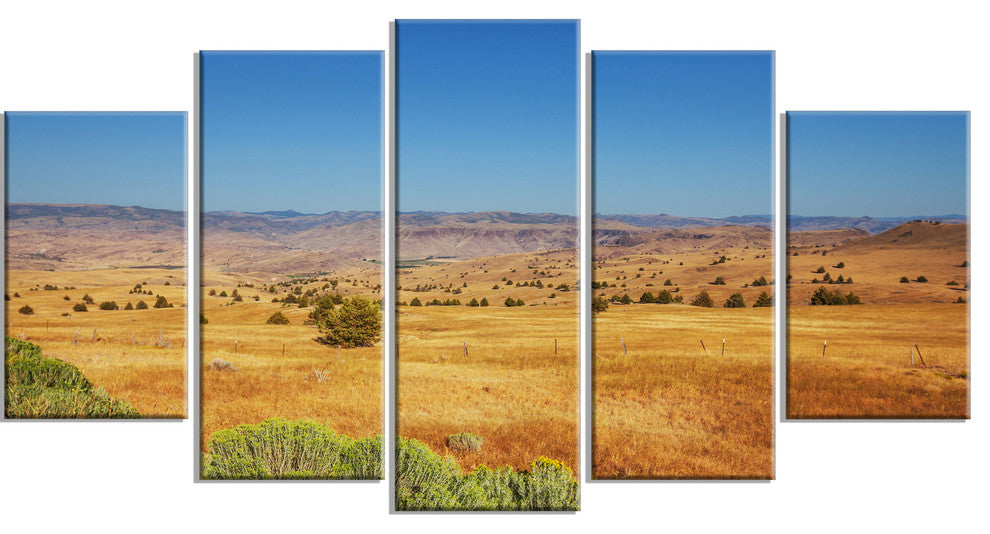 Prairie with Bright Blue Sky, Landscape Canvas Art Print, 60"x32", 5 Panels
