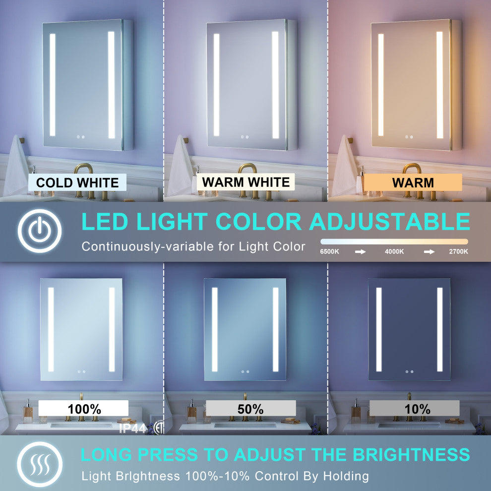 Recessed/Surface Mount LED Medicine Cabinet Mirror with Defogger, 24"x30" Right Hinge