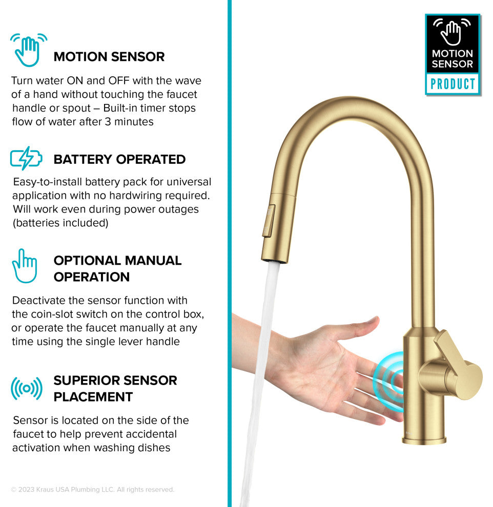 Oletto Touchless Sensor Pulldown Single Handle Kitchen Faucet, Brushed Brass