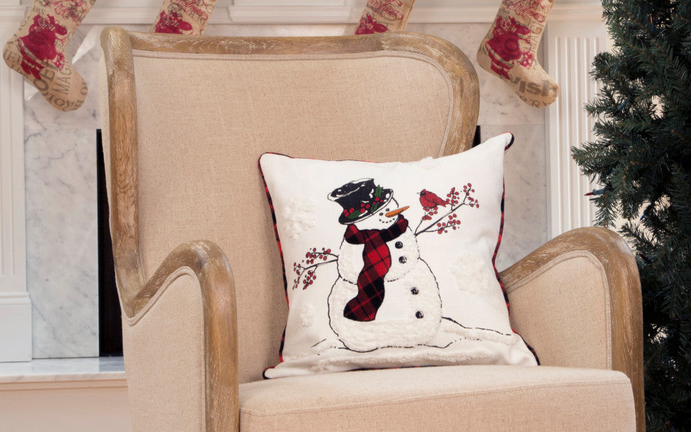 Snowman Christmas Pillow With Softy Tufted Snow Embroidered, 18"x18"