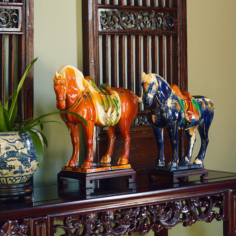 Tang Dynasty Tri-Color Glazed Ceramic Chinese Bay Horse Statue