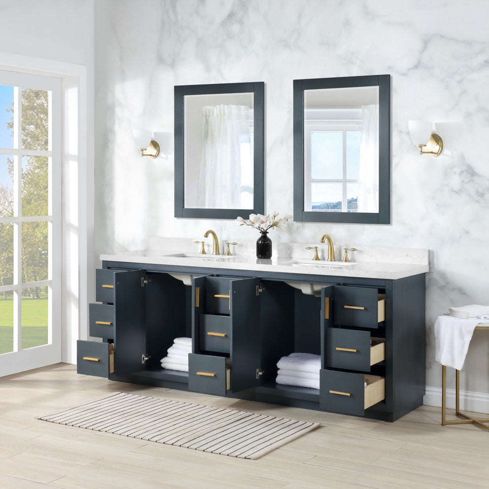 Gazsi Charcoal Blue Bathroom Vanity Set, 84", With Mirror