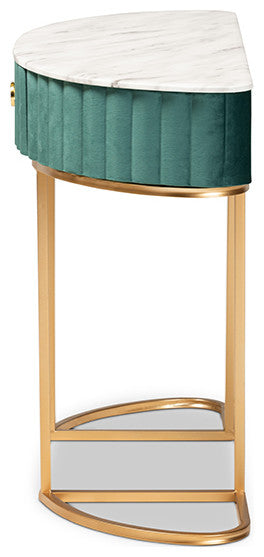 Green Velvet and Brushed Gold 1-Drawer Console Table with Faux Marble Tabletop