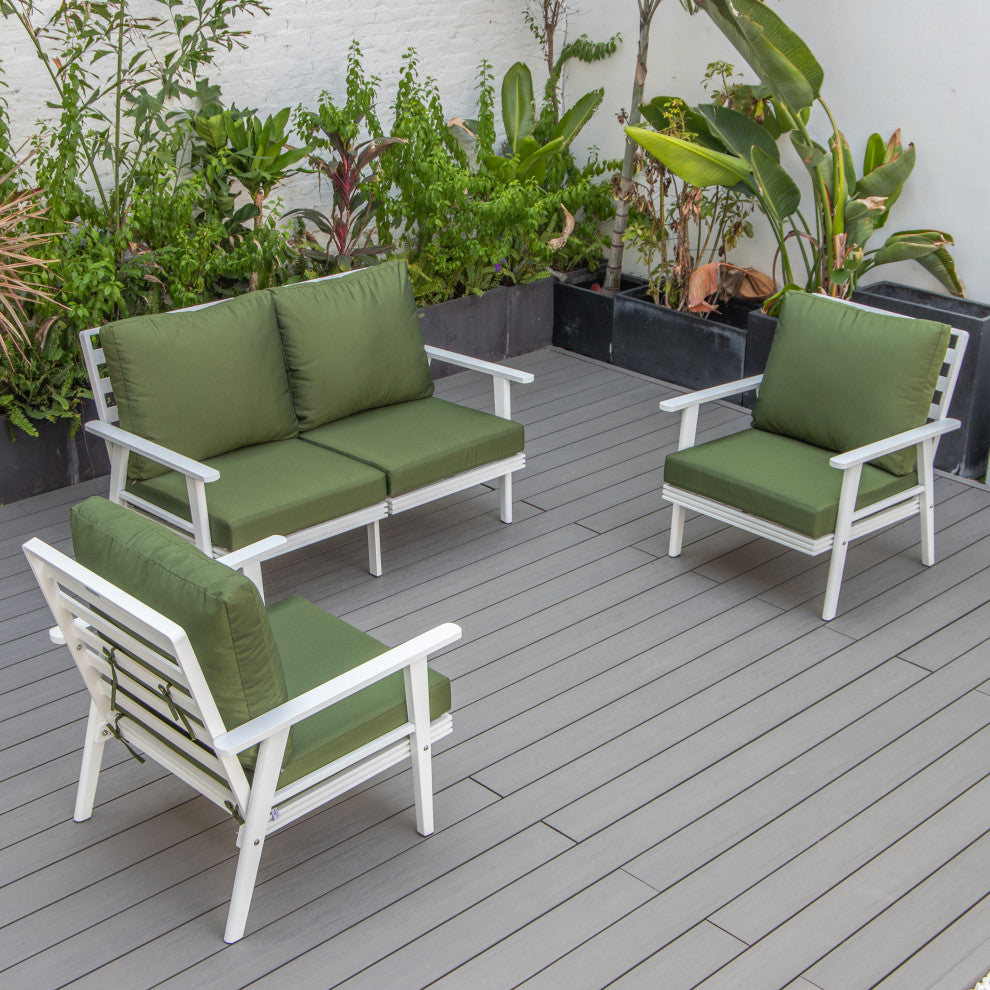 LeisureMod Walbrooke 3-Piece Patio Set With White Aluminum Frame and Cushions, Green