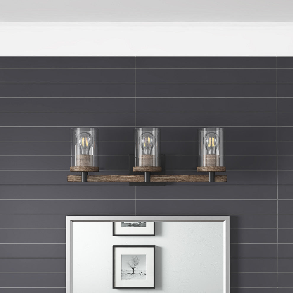 Farmhouse 3-Light Vanity Light Over Mirror With Clear Glass Shade, Brown