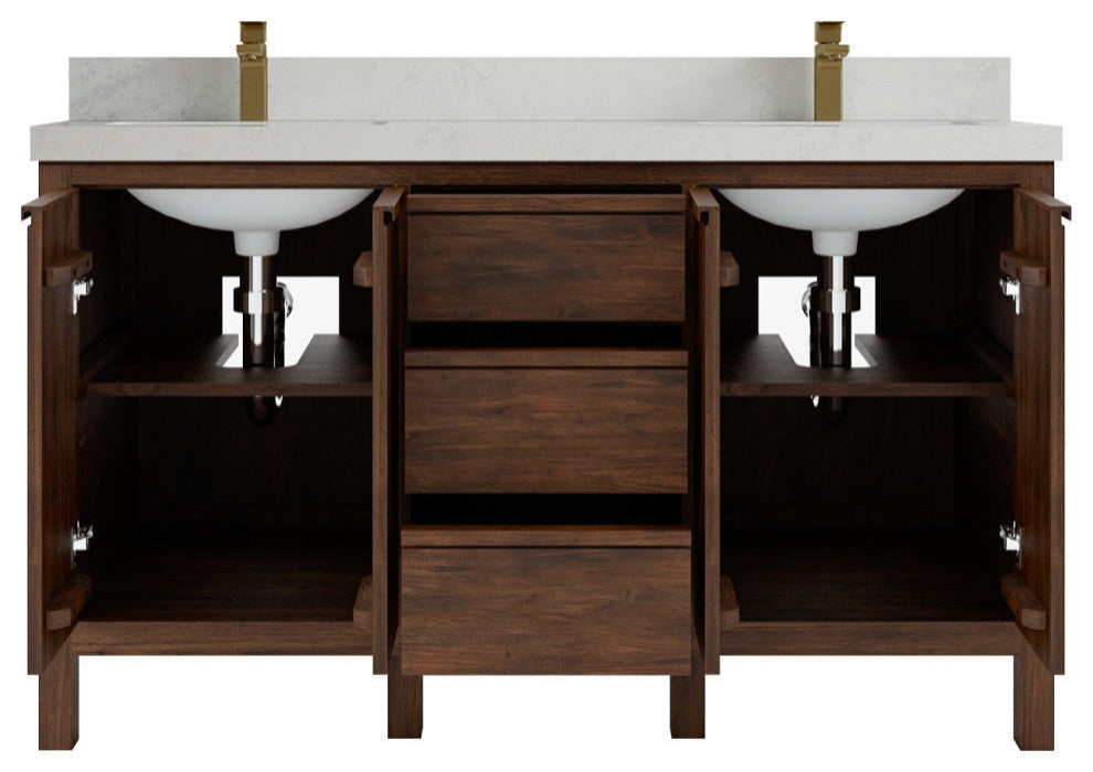 Elizabeth 60 Double Bathroom Vanity in Dark Walnut Teak 2" Carrara Quartz